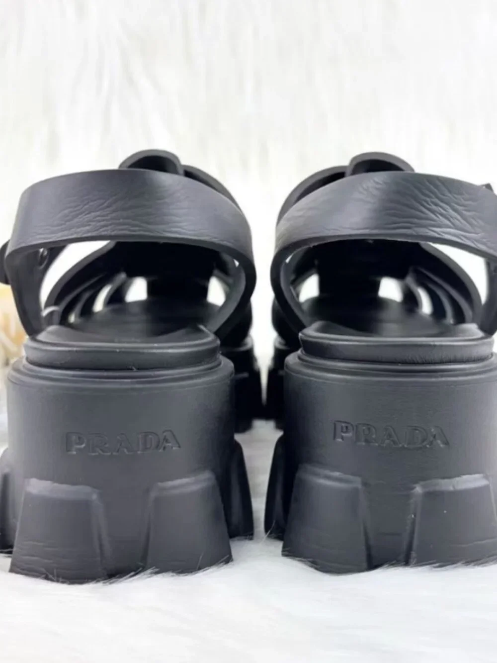 Prada Black Woven Cage Platform Lug Sole Slingback Sandals